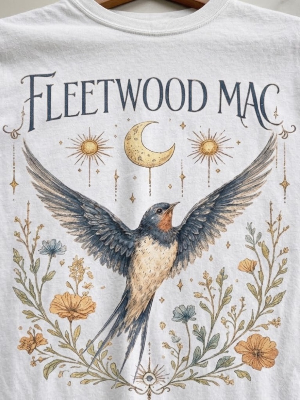 White Fleetwood Mac Band Graphic Bird and Moon T-Shirt - Picture 2 of 4
